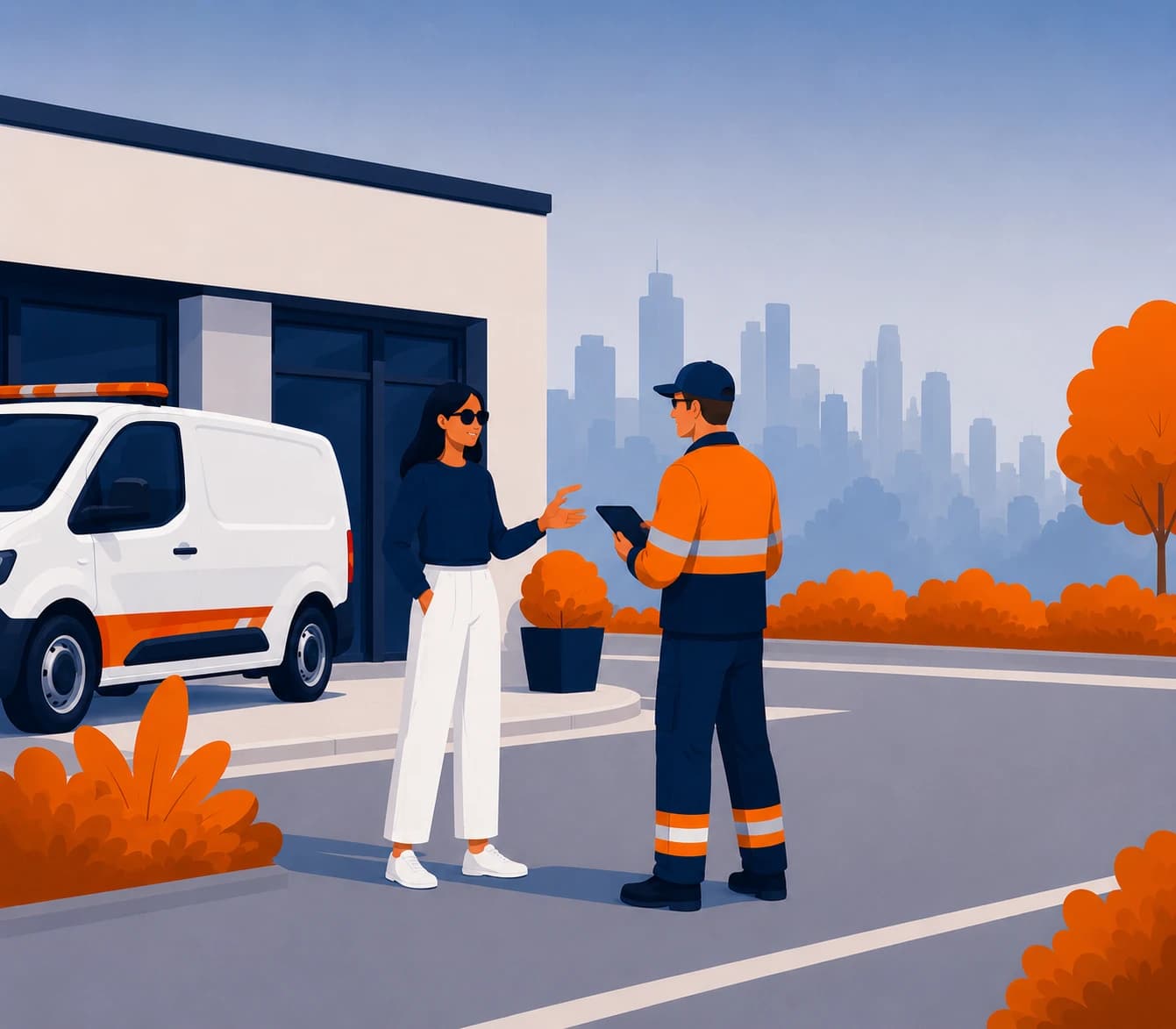 A driver and a Recovr operator talking beside a van, the operator taking details on a tablet.