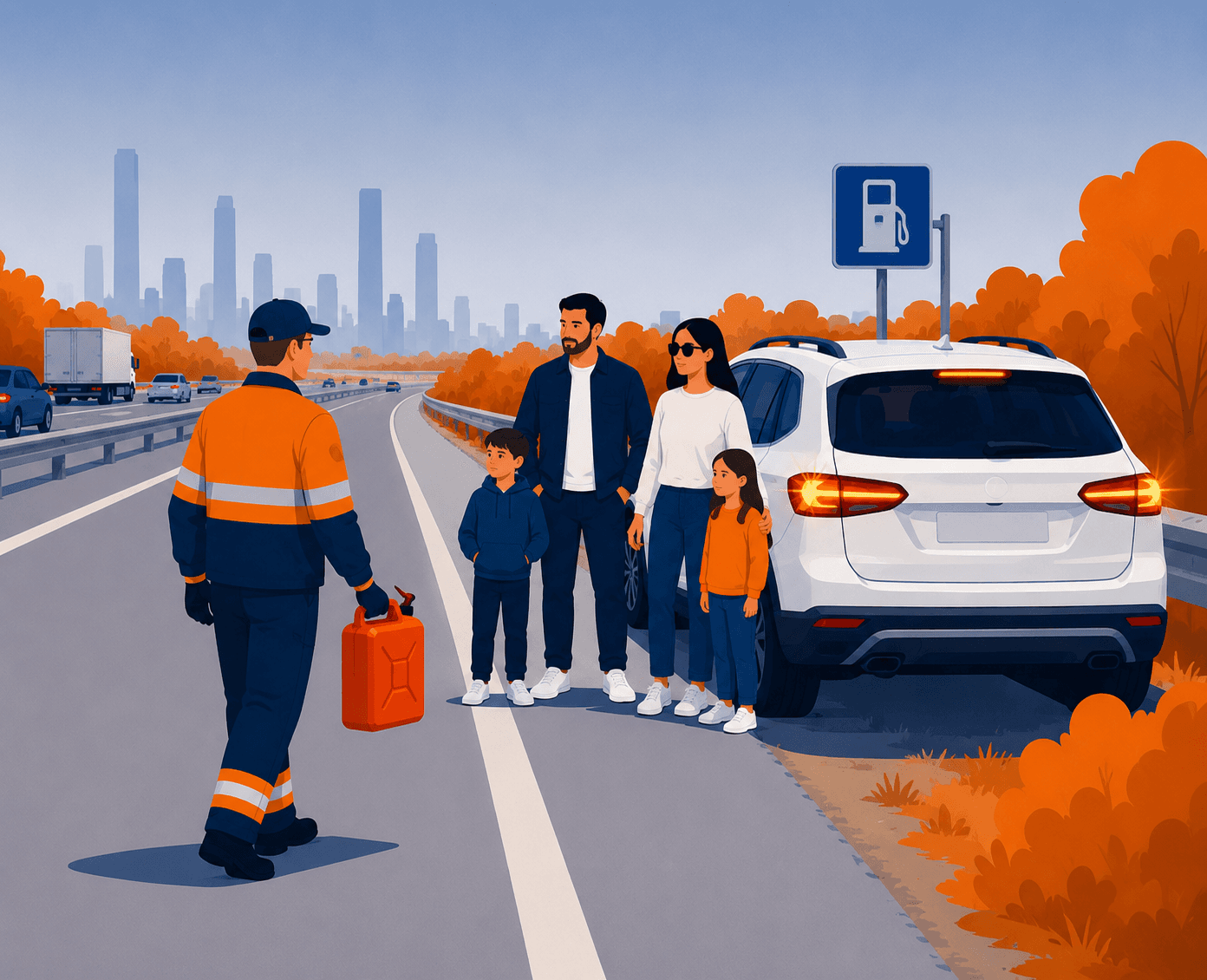A Recovr operator carrying a fuel can to a family waiting beside their car on the hard shoulder.