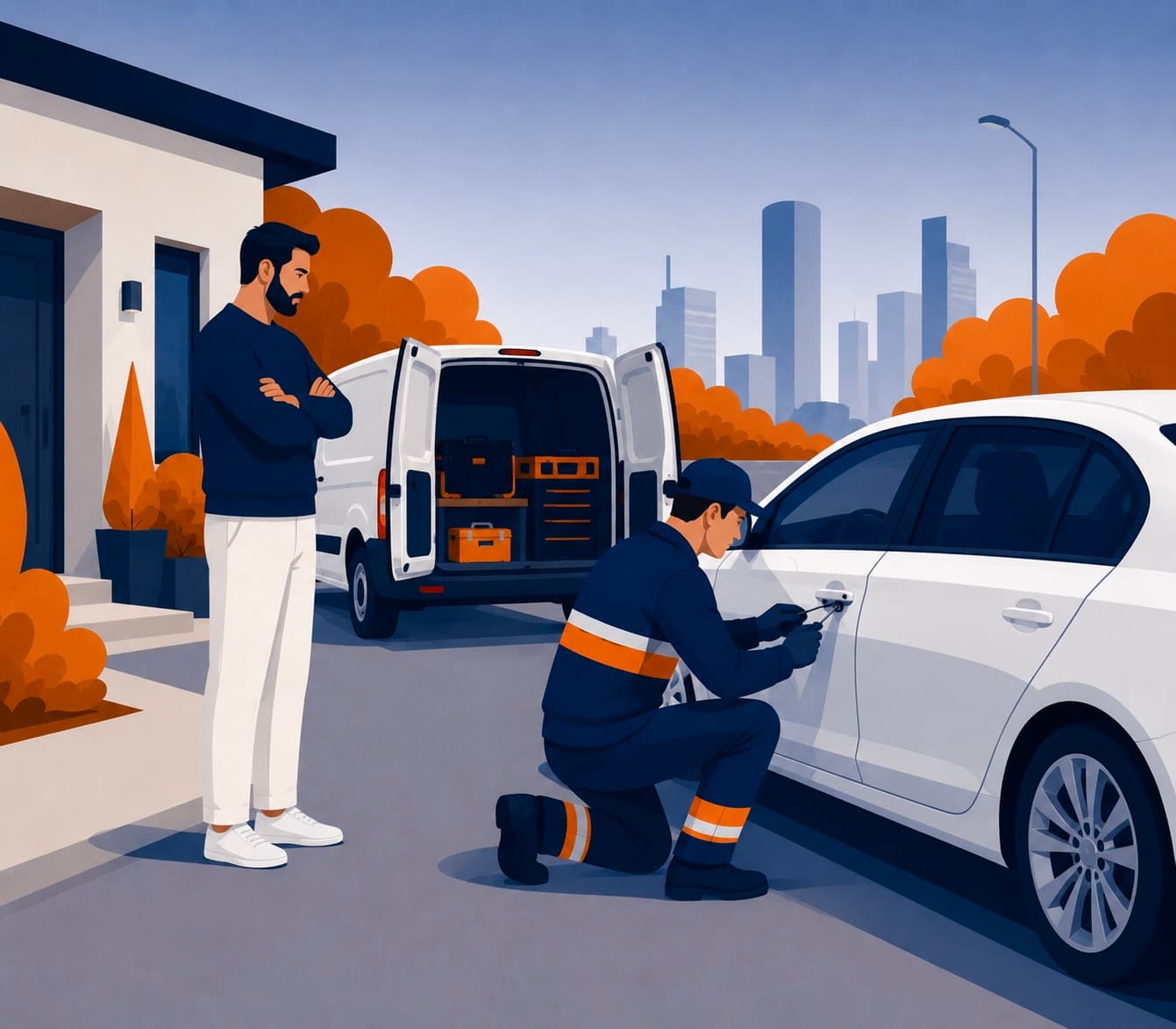 An auto locksmith opening a locked car door at the kerbside without damaging it.