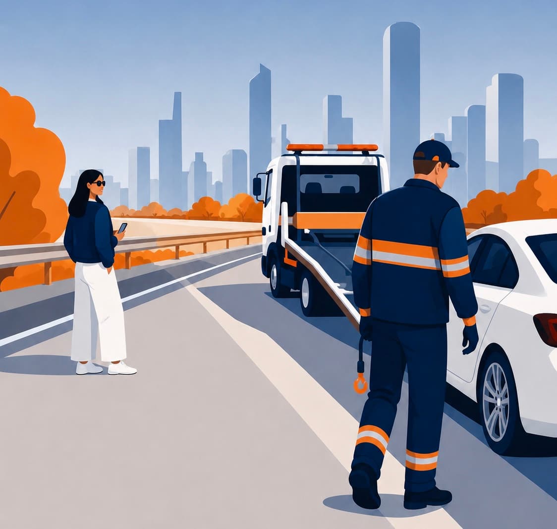 A Recovr operator loading a car onto a flatbed recovery truck at the roadside.