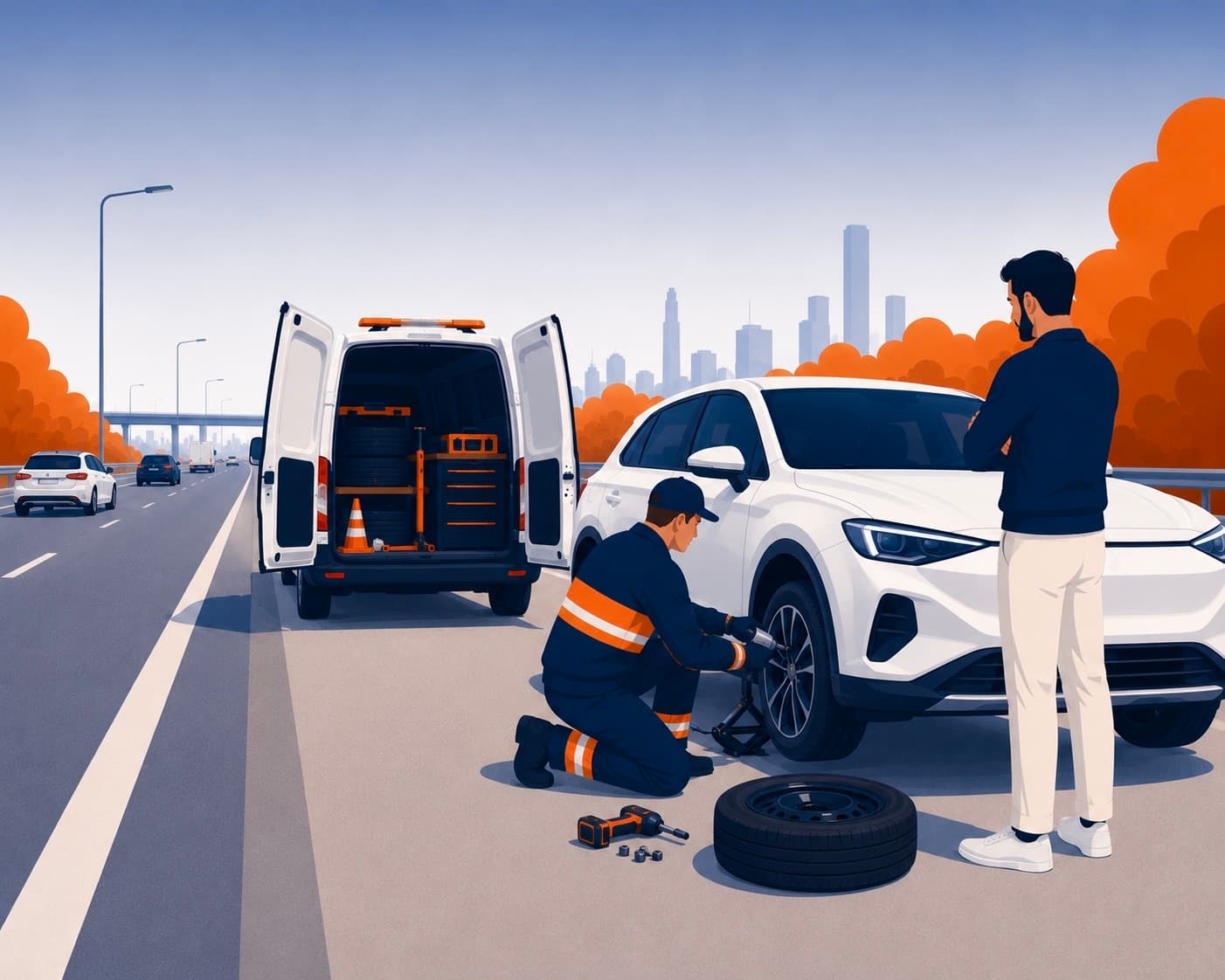 A mobile tyre specialist fitting a replacement tyre at the roadside.