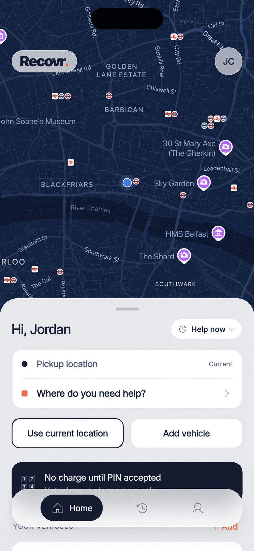 The Recovr rider app home, with a live map across London, your pickup location and the promise of no charge until your PIN is accepted