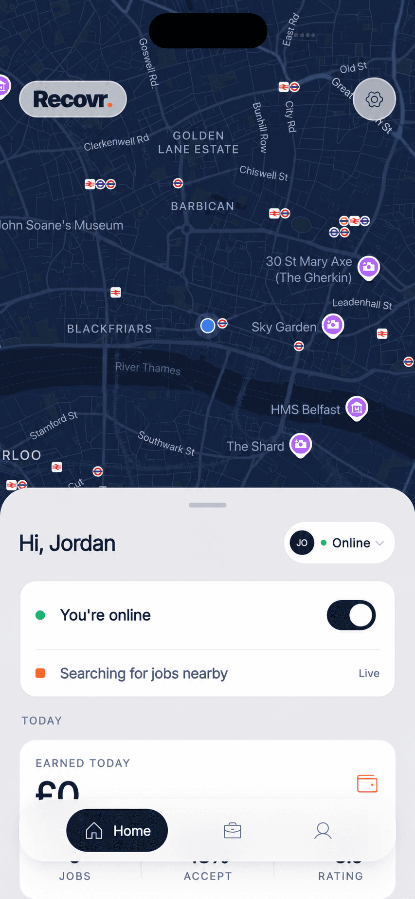 The Recovr operator app home, showing you are online and searching for nearby jobs